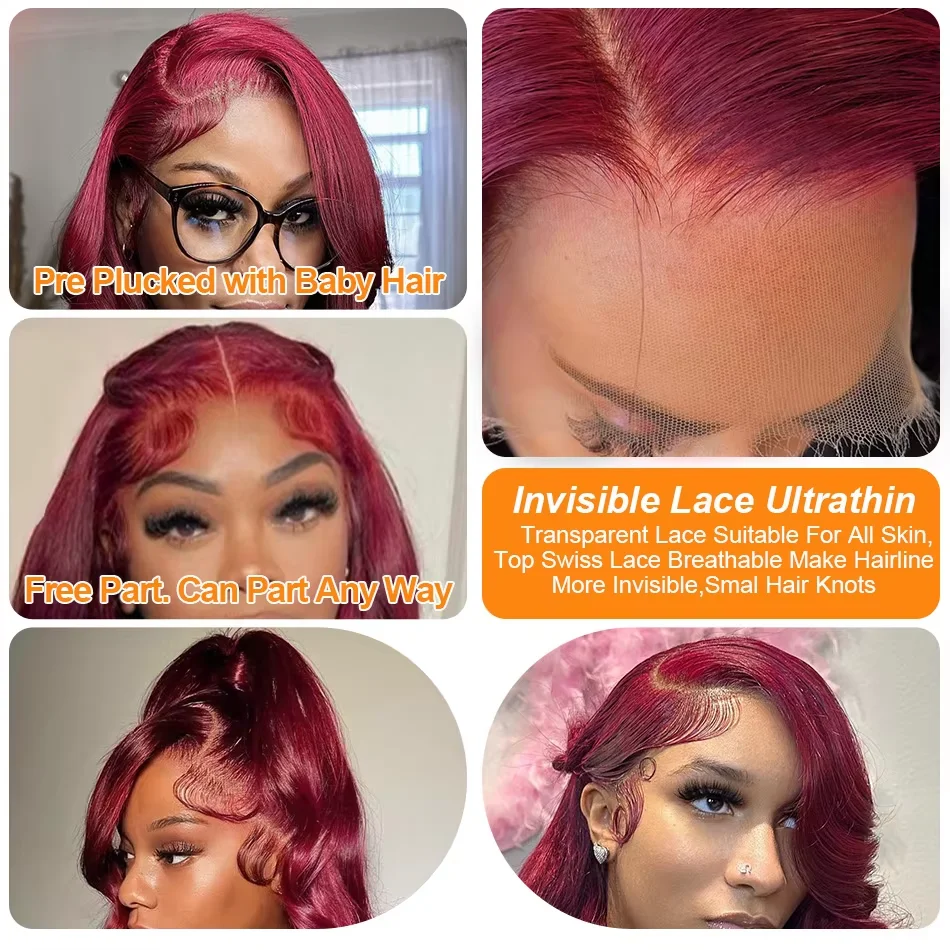 250% Density 32 Inch 99J Burgundy 13x6 HD Lace Front Human Hair Wigs Red Wine Brazilian Straight 13x4 Glueless Lace Frontal Wigs