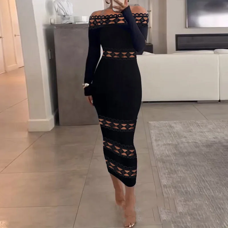 Lace Stitching Off-Shoulder Sheath Dress Trend Sexy Long Sleeve Bodycon Dress Women Slash Collar Hollow Out Midi Dress