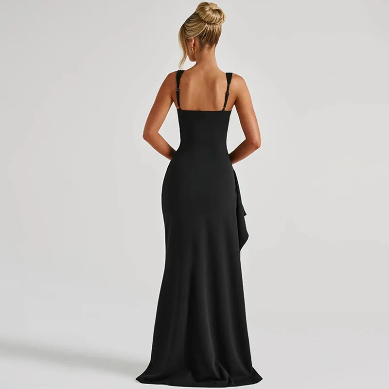 Damen Bodycon Abendkleid, Spaghetti-Träger Quadratischer Ausschnitt Schlitz Midi-Kleid Sexy Formelles Ballkleid Partykleider – Detail 5