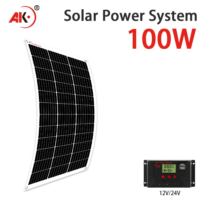 AK 100W flexible solar panel 21v 18v high efficiency battery charger module is suitable for camping car boat RV solar panel