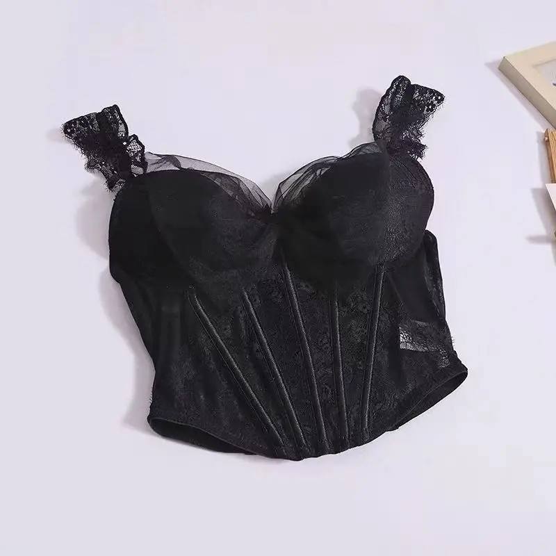 Spicy Girl Ins-Style Fishbone Lace Bow Knot Tank Top with Built-In Bra Padding Sexy Slimming Design Purely Stylish