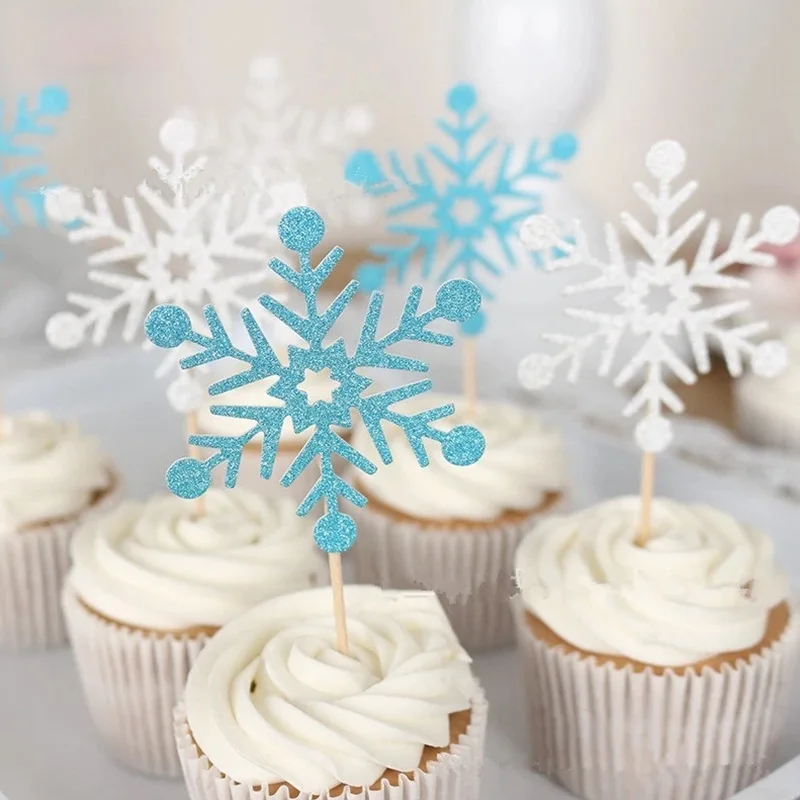 20pcs Ice Snowflake Cupcake Topper Christmas Kids Birthday Cake Toppers Baby Shower Wedding Party Cake Decoration Xmas Supplies