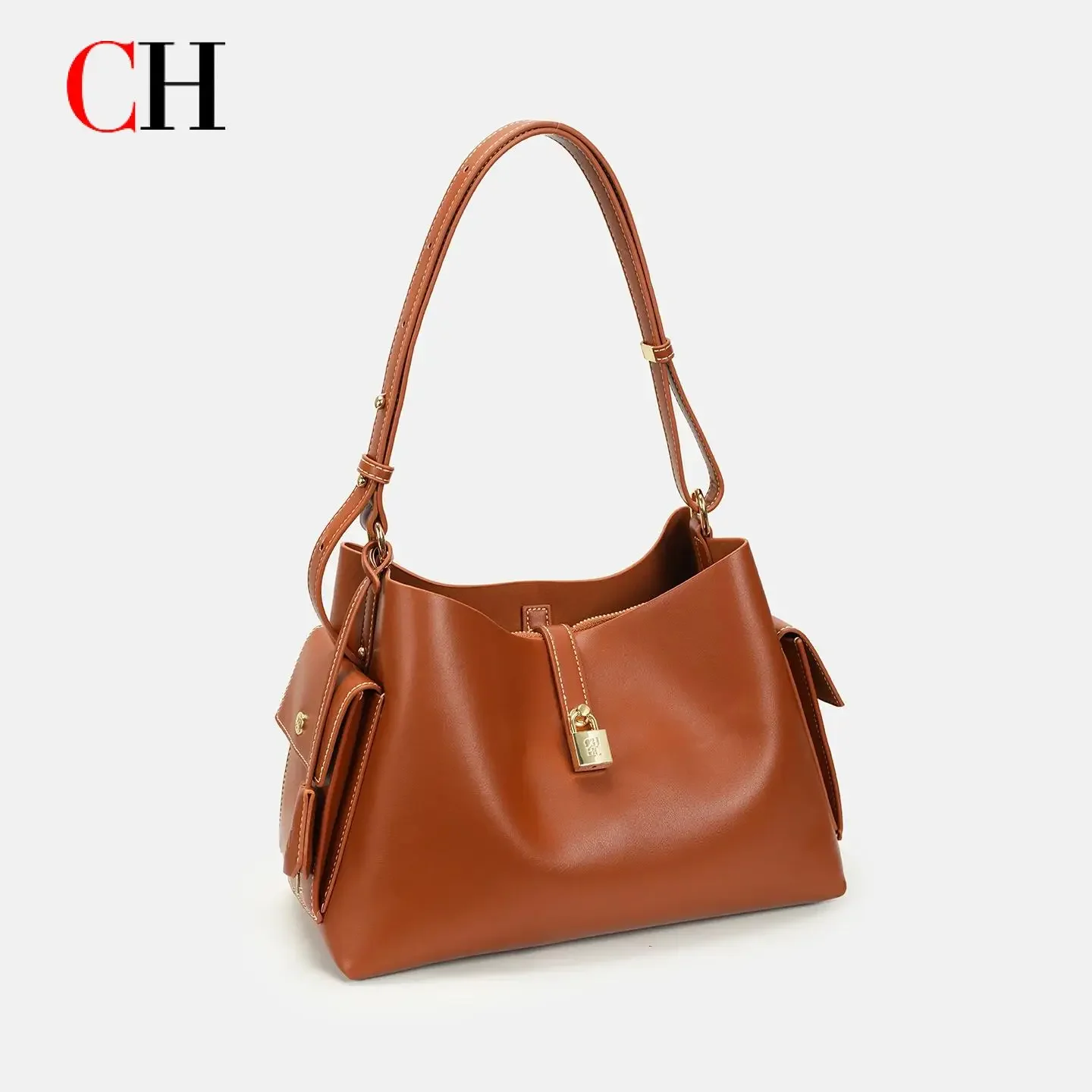 

CH Premium Leather Hobo Shoulder Bag With Lock Accent Adjustable Strap And Side Pockets For Daily Commute And Travel