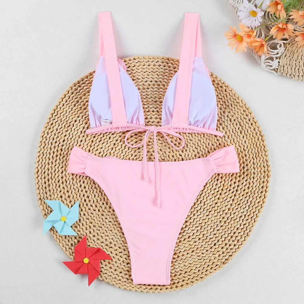 Bikini de flores con tirantes anchos para mujer, traje de baño con espalda descubierta, bañador Floral de dos piezas con realce, ropa de playa, trajes de baño