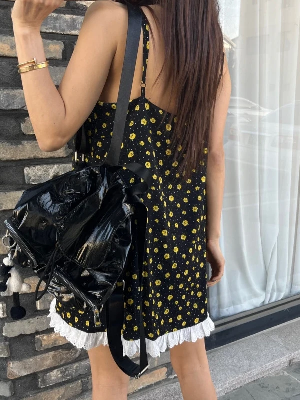 กระโปรงลายดอกไม้ผูกโบว์สไตล์หวานน่ารักสำหรับผู้หญิง แต่งขอบลูกไม้ ผ้าฝ้ายทรงวี เอวสูง ทันสมัย