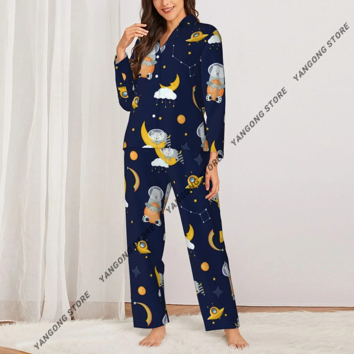 Women Sleepwear Pajamas Cute Astronauts Raccoon And Bear In Space Long Sleeve Pijama Female Set Negligee Cardigan Suit