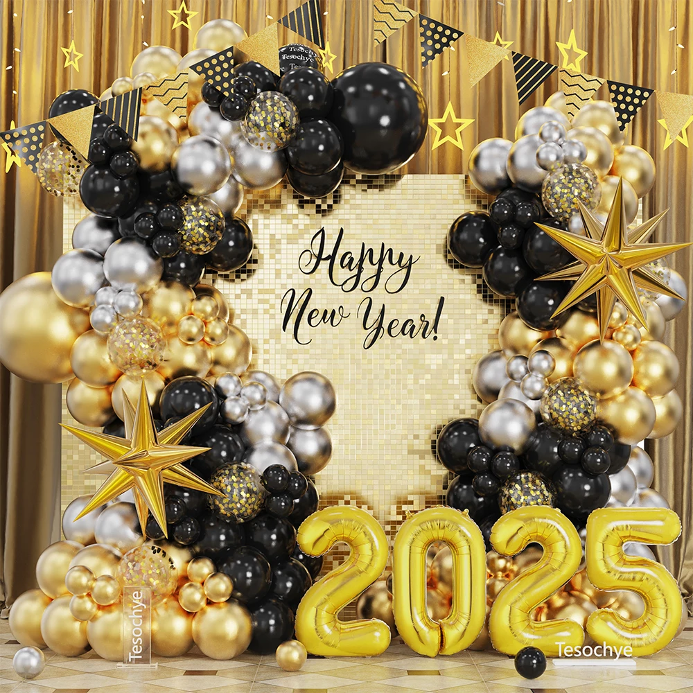 

125pcs 2025 Happy New Year Balloon Garland Arch Black Gold Silver Latex Balloons for 2025 New Year Decoration Party Supplies