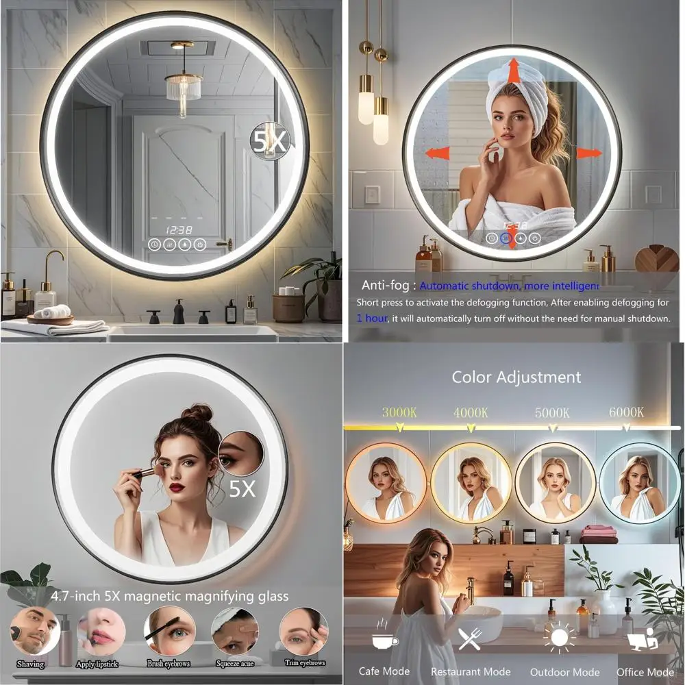 

28-дюймовое настенное круглое зеркало для ванной комнаты со светодиодной подсветкой - туалетные зеркала в раме (28 x 28, черный)