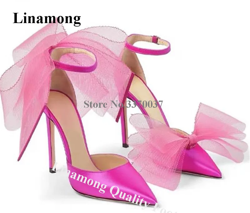 

Mesh Bowtie Satin Pumps Linamong Newest Pointed Toe Lace big Butterfly-Knot Stiletto Heel Pumps Irregular Pink Red High Heels