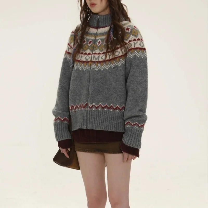 

Women's Vintage High Neck Knitted Cardigan Autumn Fashion Knitted Thin Coat Female Comfortable Long Sleeves Outerwear Knitwear