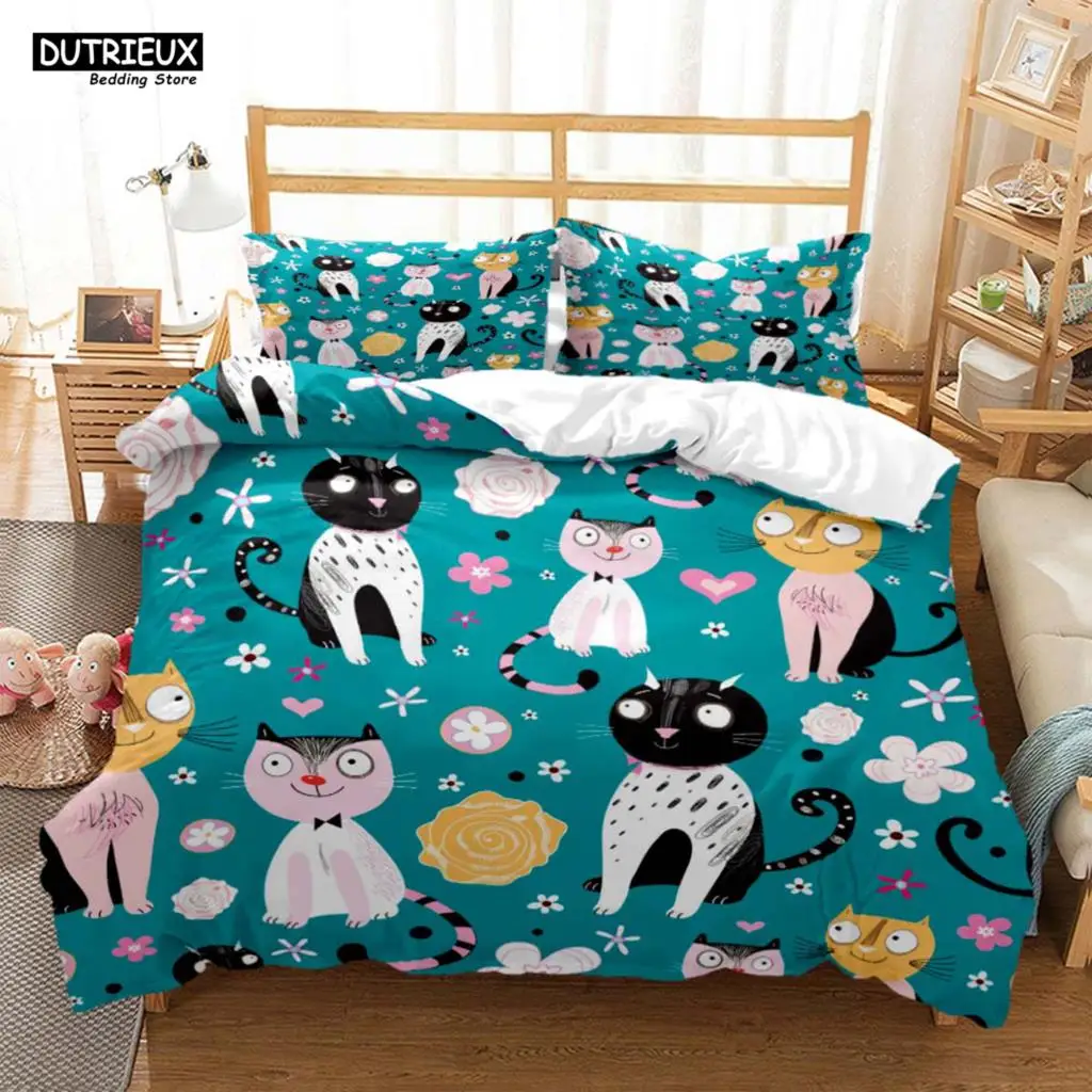 

Cute Cat Print Quilt Cover Pillow Cover Bedding Set Luxury Queen Bedding Set Cute Style Customized children‘s Bedding Set