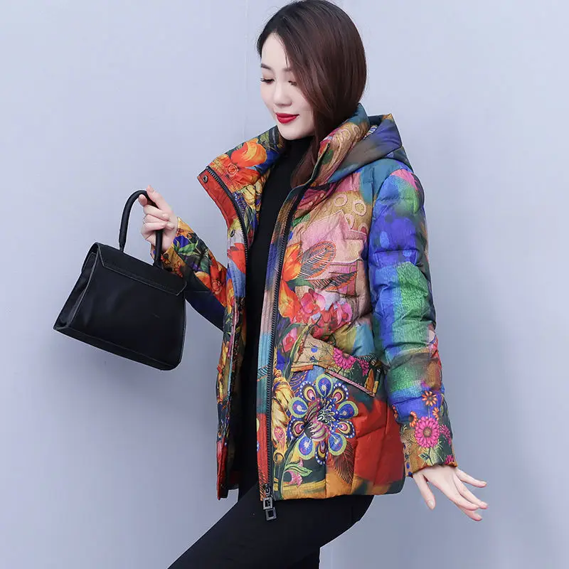 New Down Cotton Coat Middle Aged Women Retro Floral Printed Winter Thickened Short Loose Cotton Coat Hooded Jacket