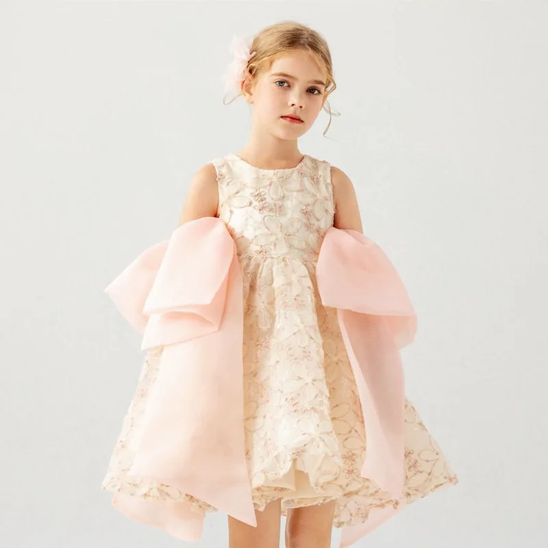 

New Sleeveless Lace A Line Girls Catwalk Dress Summer Big Bow Design Princess Dress Children's Blue Pink Sweet Short Dress
