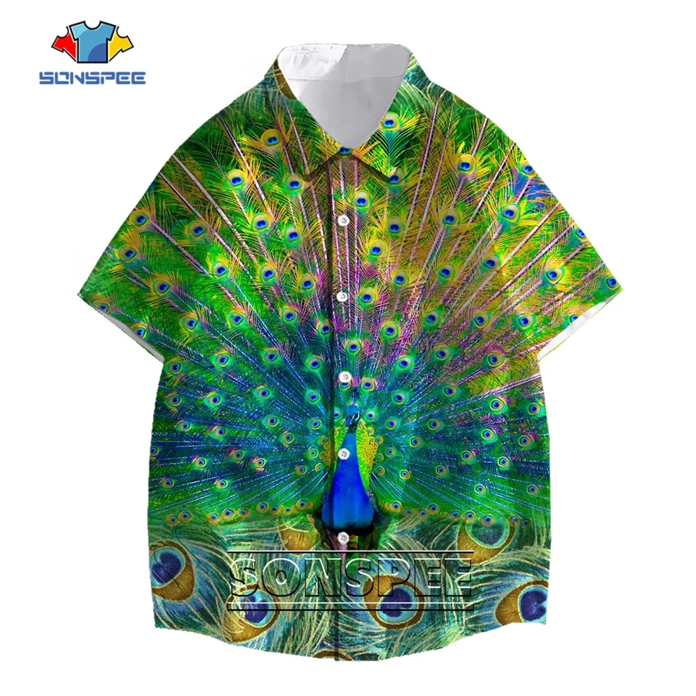 

SONSPEE Summer Funny Peacock Harajuku 3D Print Shirt Men Women's Multicolour Feather Graphic Street Short Sleeve Oversize Blouse