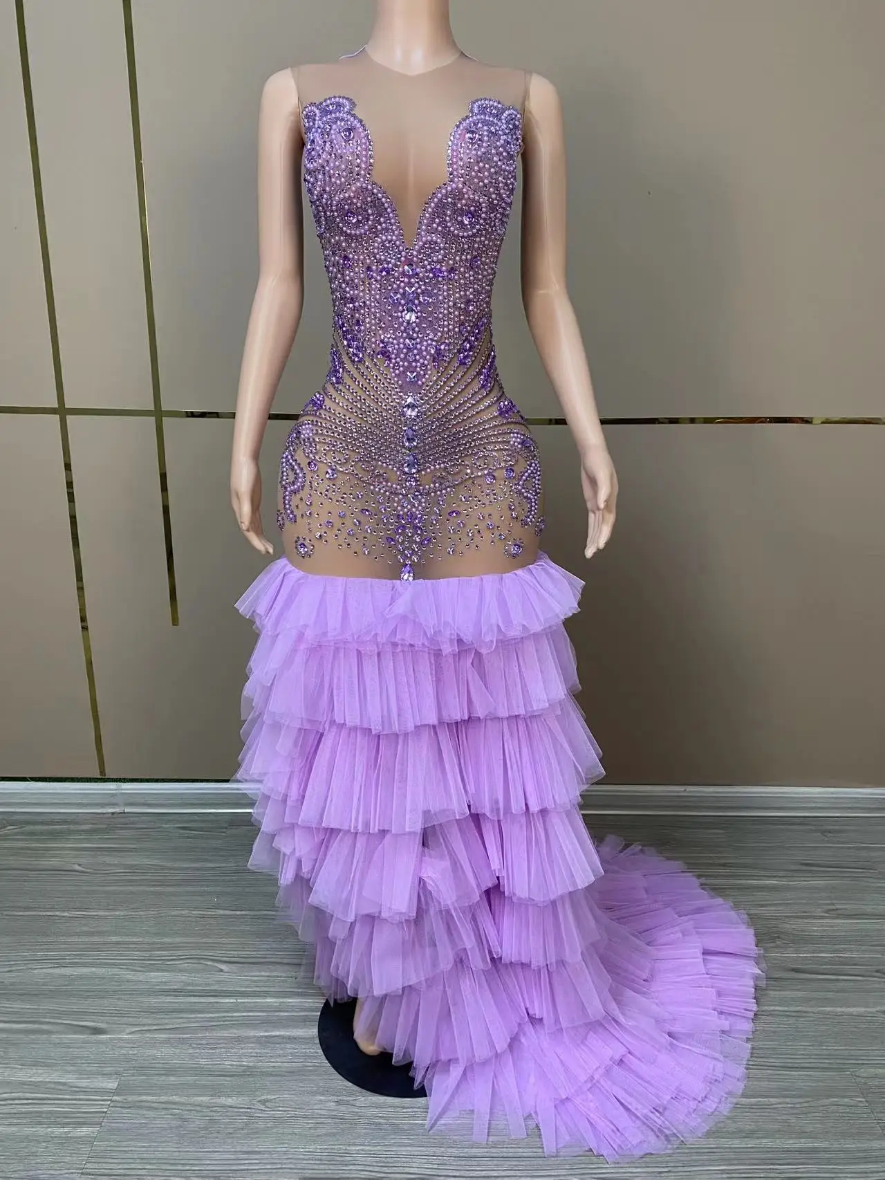 Sexy Stage Long Purple Rhinestone Prom Dress Mermaid Style Fitted Silver Purple Mesh Black Girl Prom Formal Photoshoot Gowns