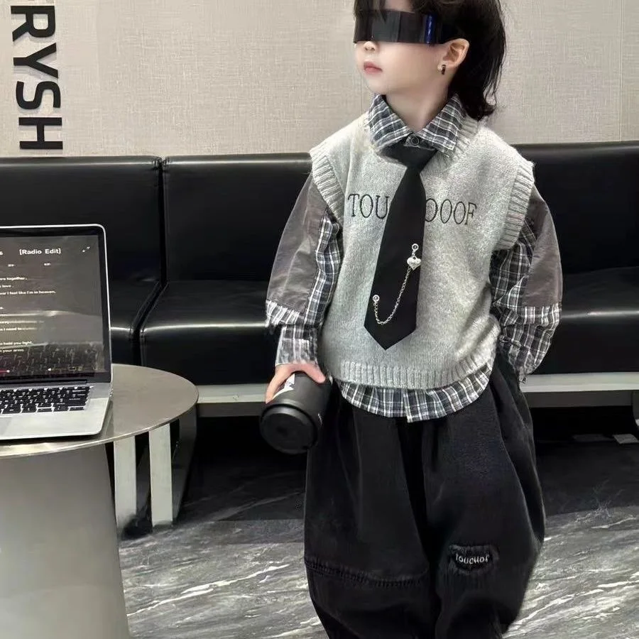 Boys Clothes Sets Fashion Kids Sweater Vest +Patchwork Shirts+Jeans 3pcs Suits Casual Comfortable Children's Outfit 2-10 Years