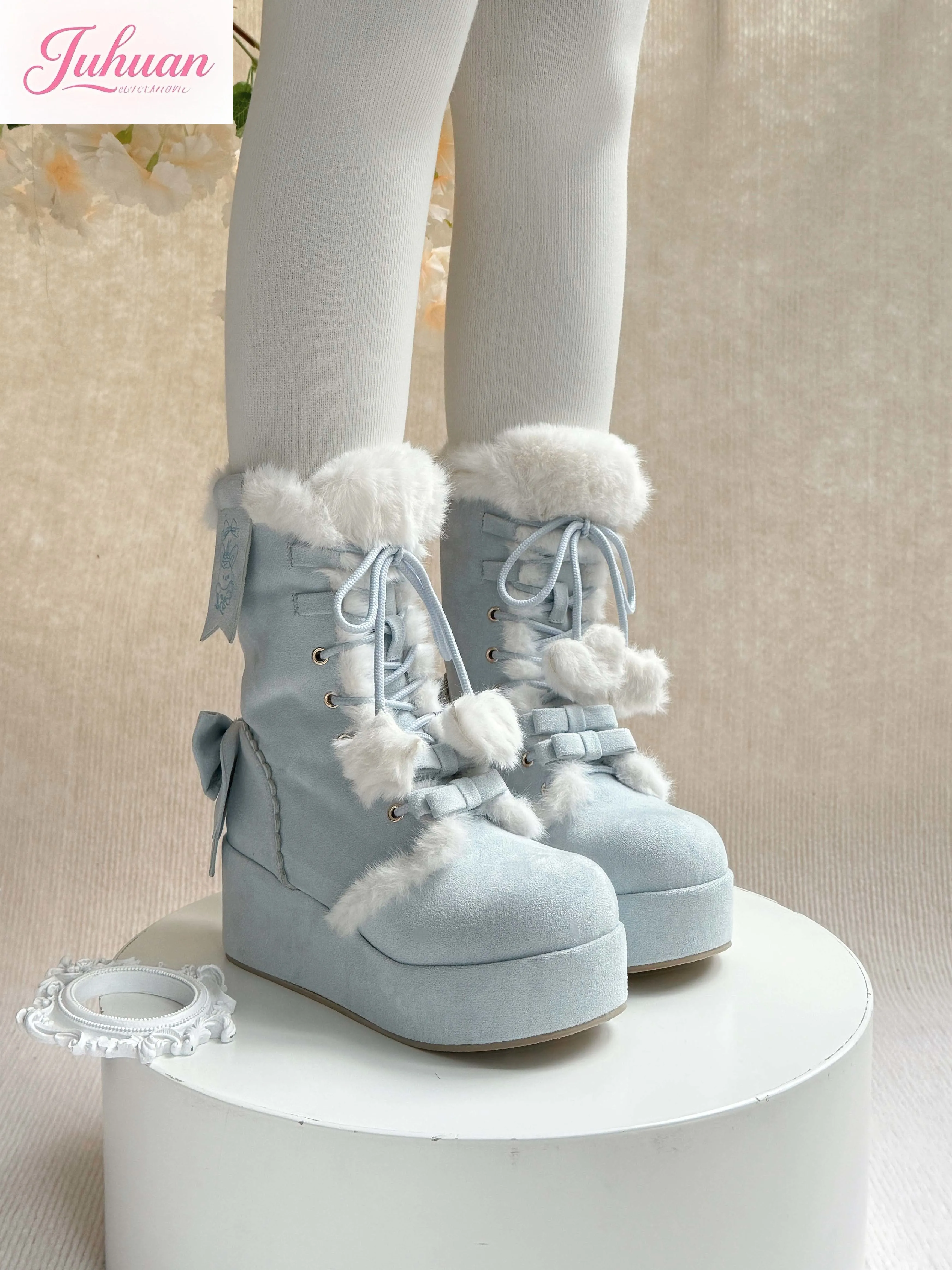 Japonais automne hiver doux mignon plate-forme Lolita Bow moelleux coton chaussures avec polaire chaud plate-forme chaussures neige chaussures doux fille