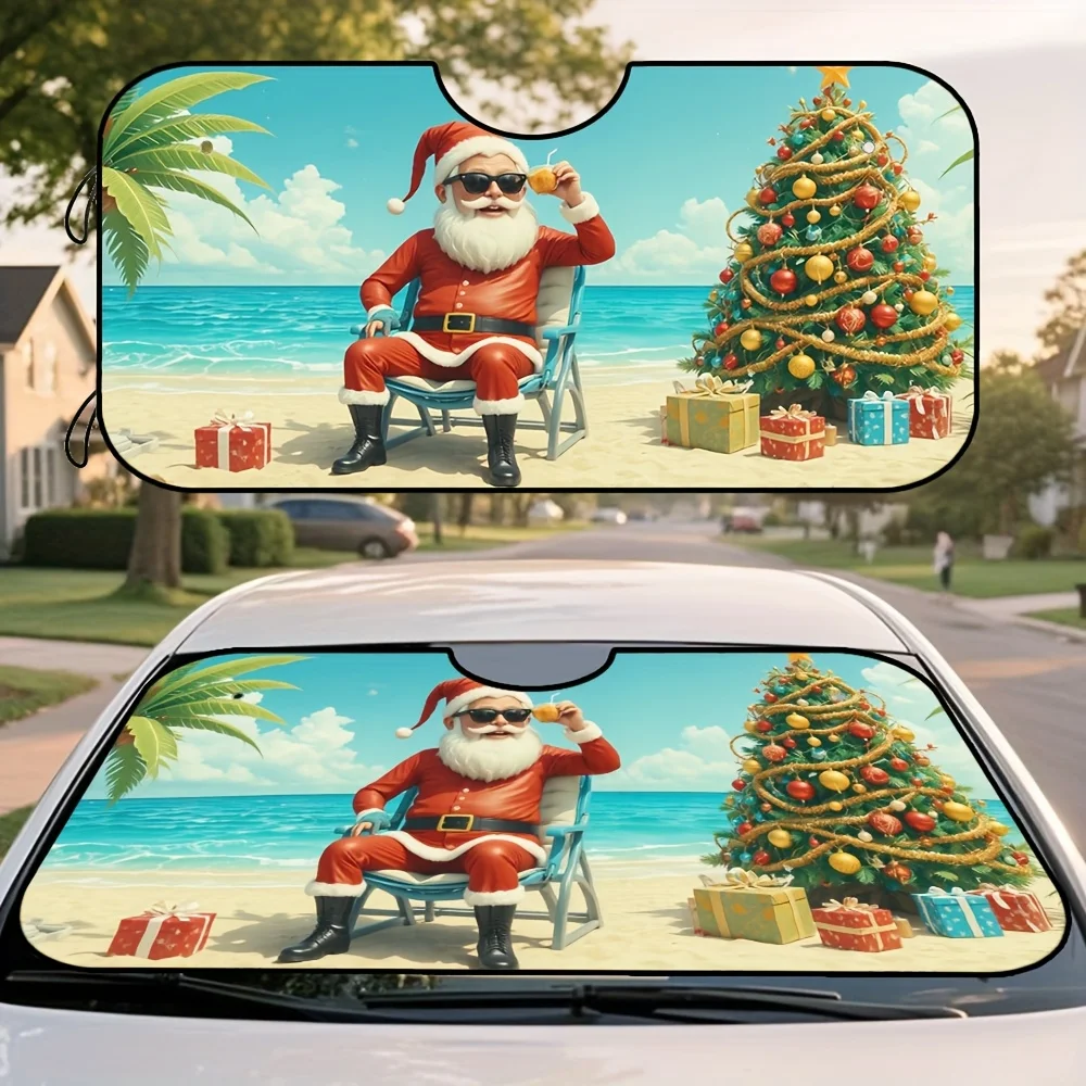 Sombrilla festiva de Papá Noel, escena de playa Tropical con sombrero de Papá Noel, decoraciones navideñas, cubierta de parabrisas plegable, 1 ud.