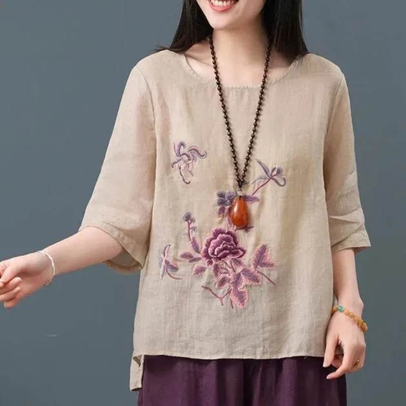 Vintage Chinese Style Elegant Summer New Women\'s O-Neck Cotton Hemp Embroid Fashion Ethnic Style Versatile 3/4 Sleeve Loose Tops