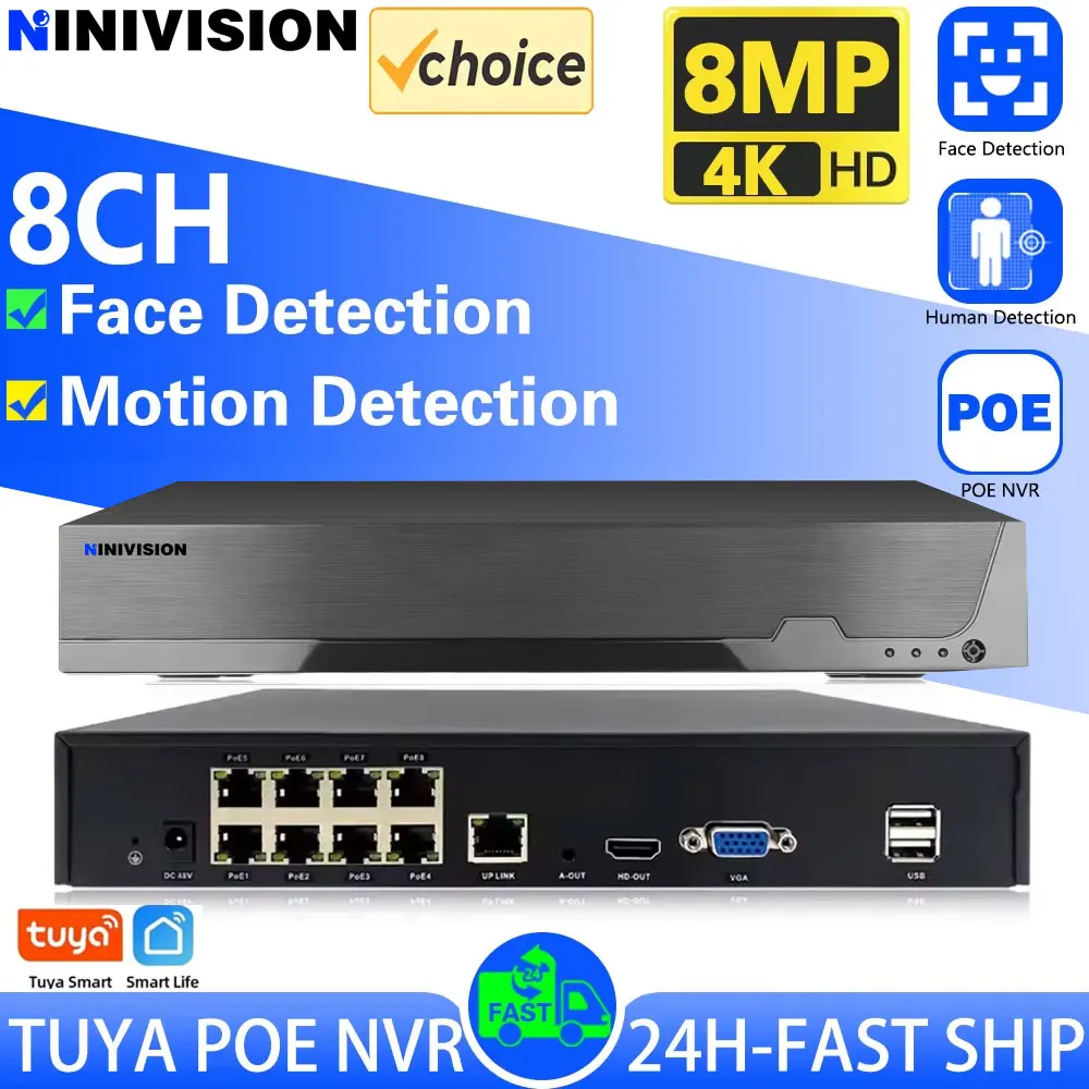 smart life sistema de seguranca cctv deteccao de rosto vigilancia de rede gravador de audio e video nvr app tuya 4k 8ch poe nvr h265 mais 8mp 01