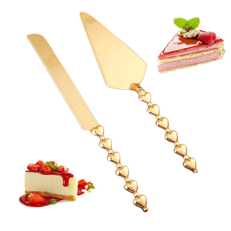 

2Pcs/Set Heart Shape Handle Cake Cutter Golden Cake Shovel Knife Wedding Cake Knife Server Set Party Cooking Baking Cake Divider