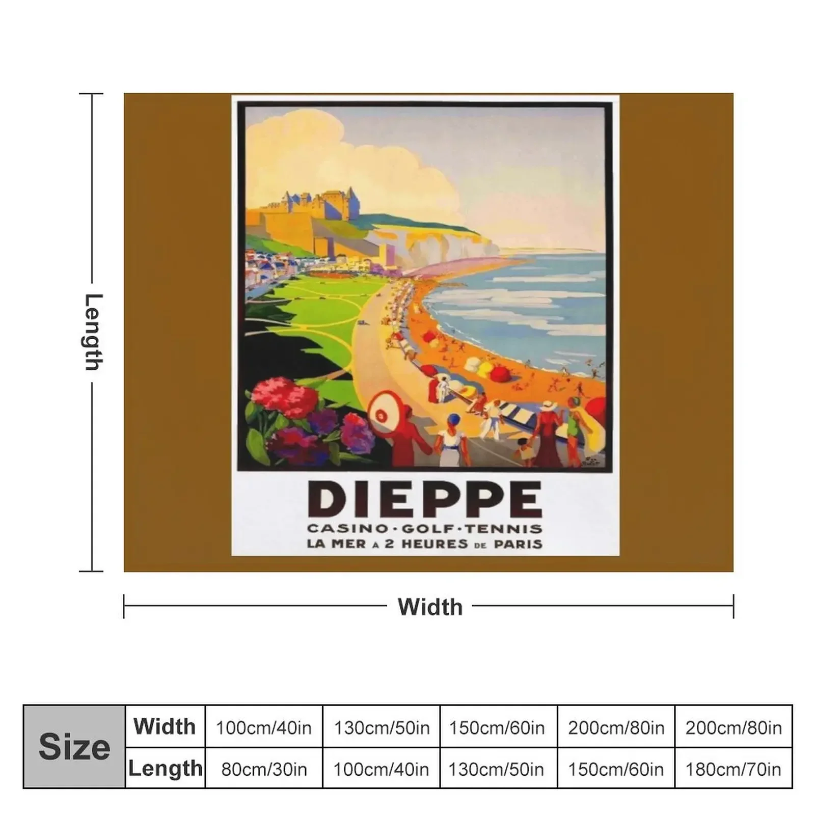 DIEPPE FRANCE : Vintage 1930 Resort Beach Scene Advertising Print Throw Blanket Soft Plush Plaid Sofa Quilt Blankets