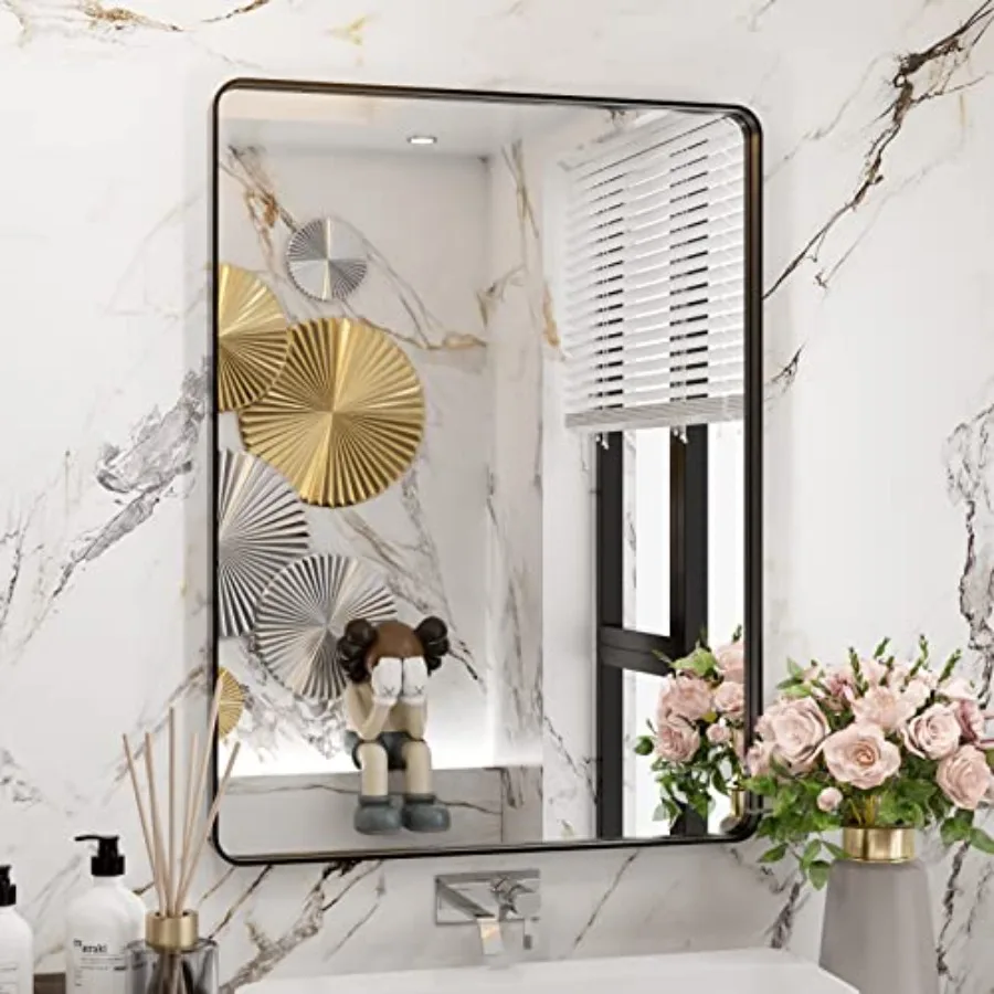 

Bathroom Mirror 24X32 Inch Rectangular Metal Frame Mirror Bathroom Vanity Mirror with Tempered Glass Rounded Corner Anti-Rust H