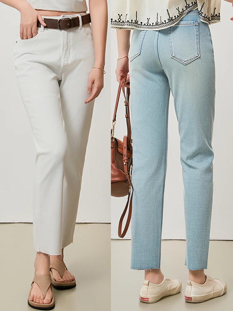 

L·SEA High Waist Straight Leg Jeans Breadsti Pants Four Sided Elastici Slimming Effect Casual Cotton Zipper Sle