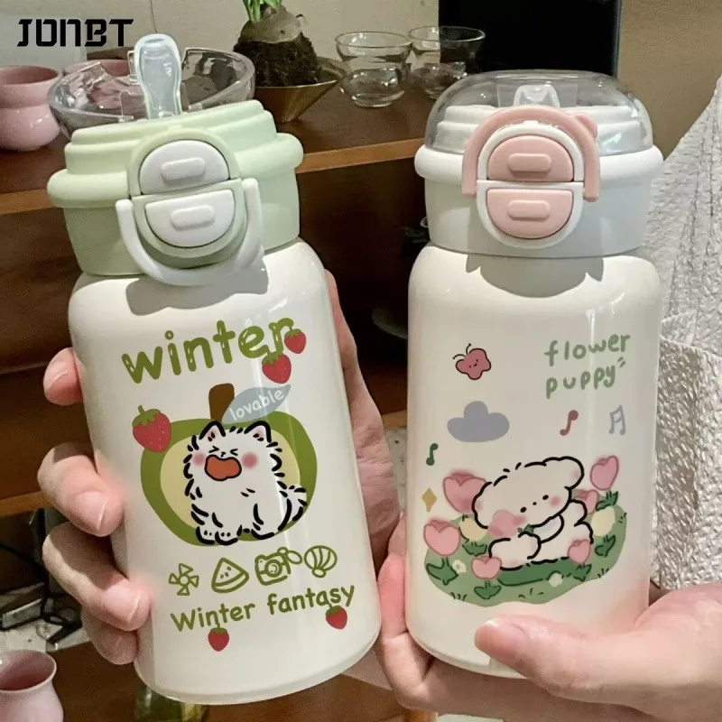 

500ML Cute Children's Thermal Bottle For Girls Students 316 Stainless Steel Straw Cup Portable Double Cover Hot and Cold Thermos
