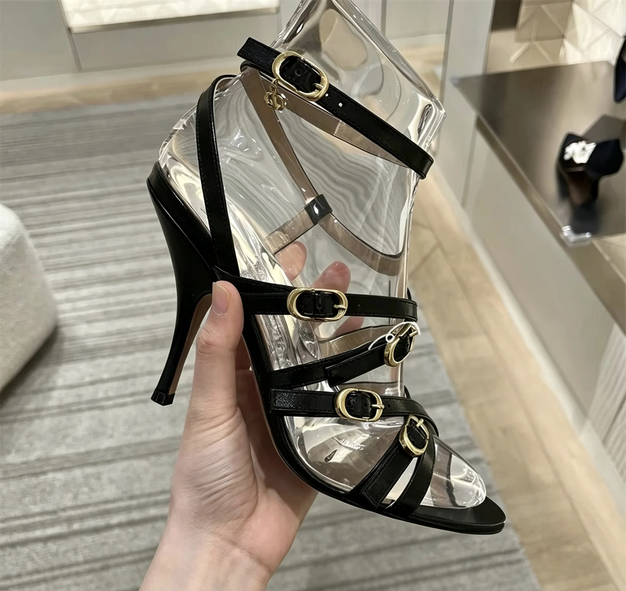 Summer New Women's Black Multi Gold Buckle Strappy Sandals Thin High Heel Round Toe Ankle Strap Fashion All Match Party Sandals