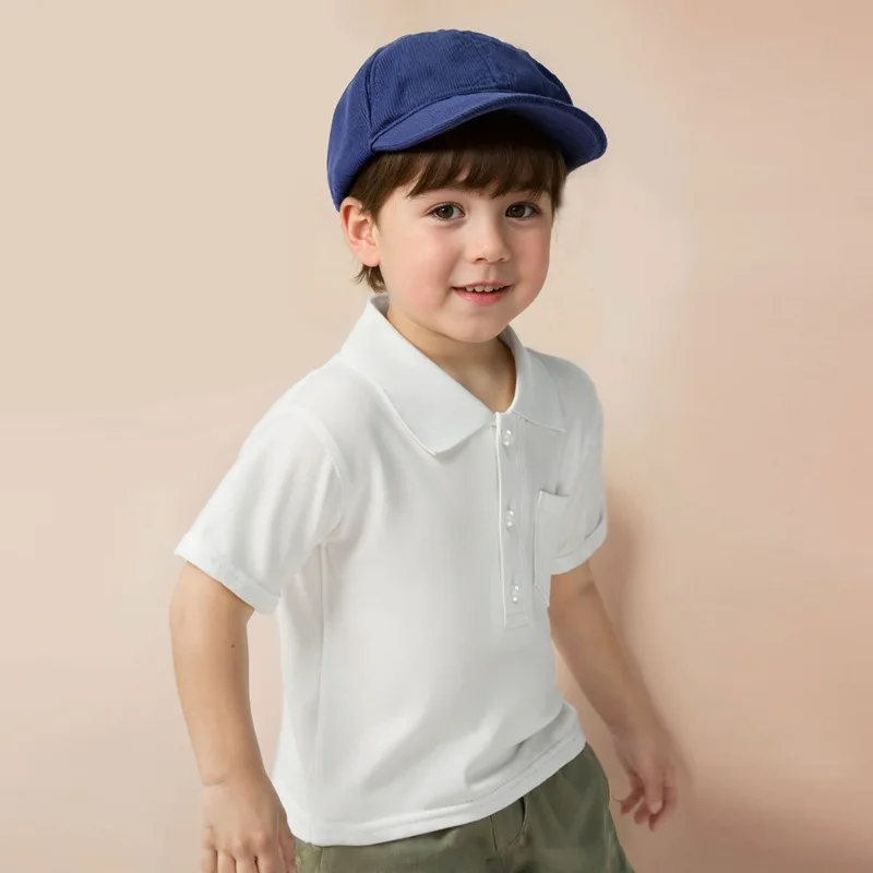 Children Turn-down Collar Short Sleeved T-shirt for Boys and Girls School Uniform Solid Versatile Shirt for Girls
