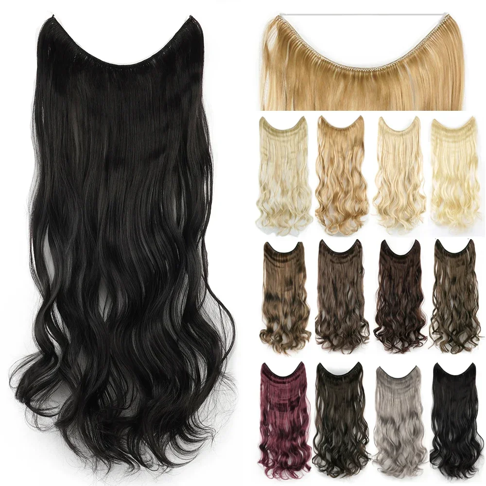 

17 Colors Long Black Gray Blonde Synthetic Hair Heat Resistant Hairpieces Fish Line Halo Invisible Wavy Hair Extensions