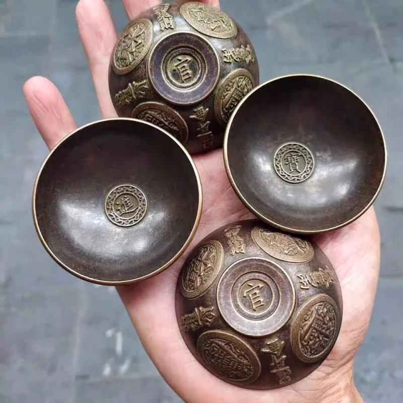 

Antique Collection Imitation Qing Dynasty Palace High Relief Daily Progress Copper Cup Set of Four Retro Home Decor Small Bowls