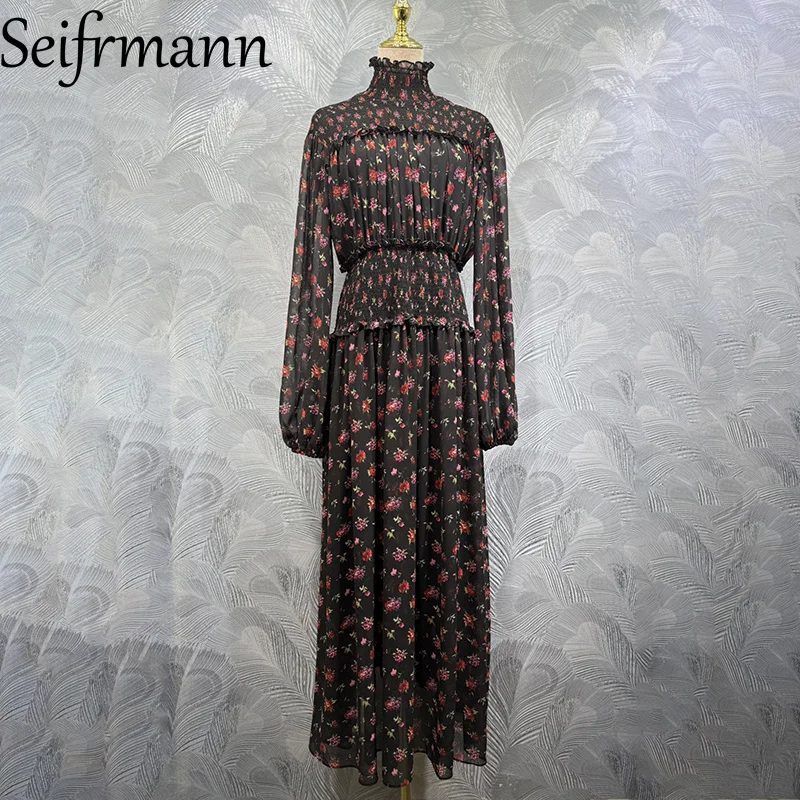 Seifrmann 2026 Sommer Damen Neues Modisches Stehkragen-Langarmkleid mit Druck und Taillenschnürung