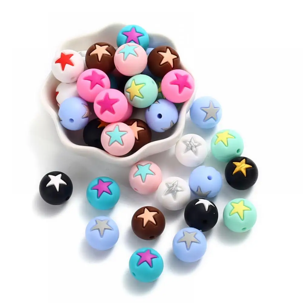 10Pcs 10mm Food Grade Silicone Teether Beads Colorful Round Pentagram Beads For DIY Necklace Bracelet Pacifier Chain Oral Care