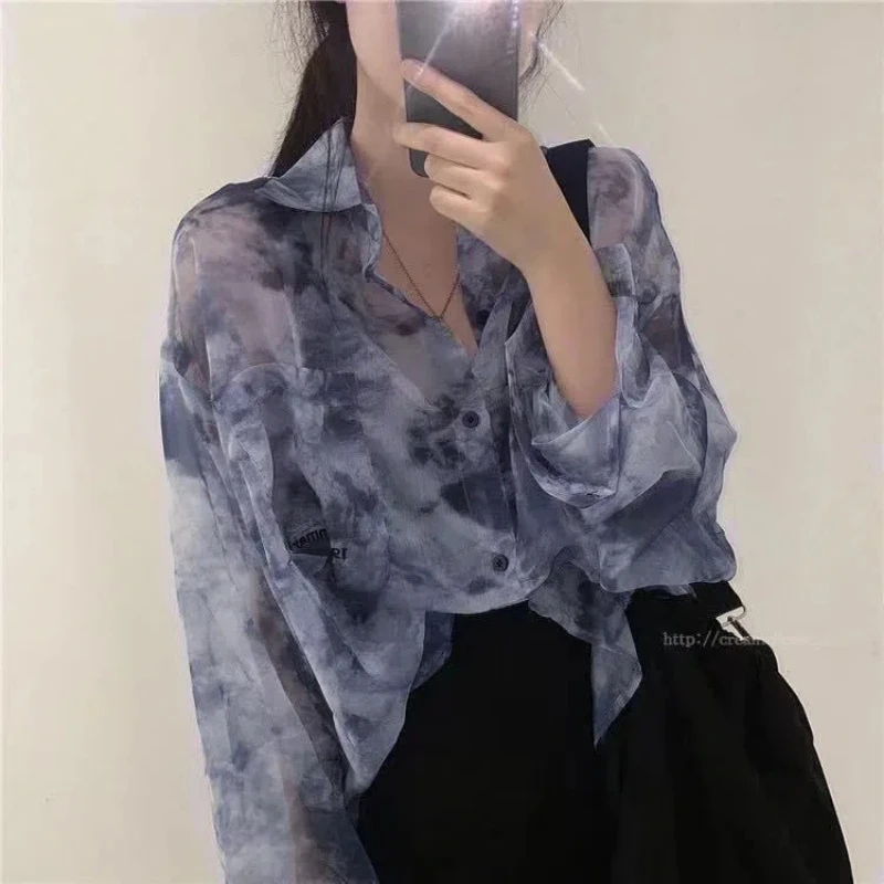 Summer Vintage Shirt Women Harajuku Tie Dye Print Korean New Loose Casual Chiffon Blouse Holiday Transparent Top Women Clothing