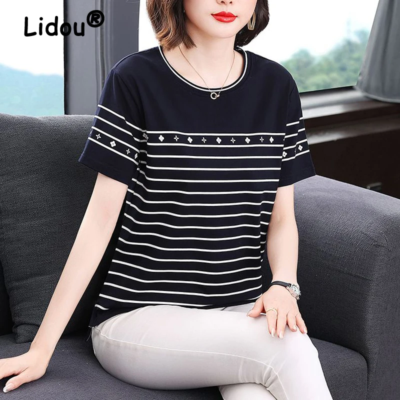 

Women's Fashion Simple Striped Print Short Sleeve Basic T-shirts 2024 New Summer Casual O Neck Loose Pullover Tops Ropa De Mujer