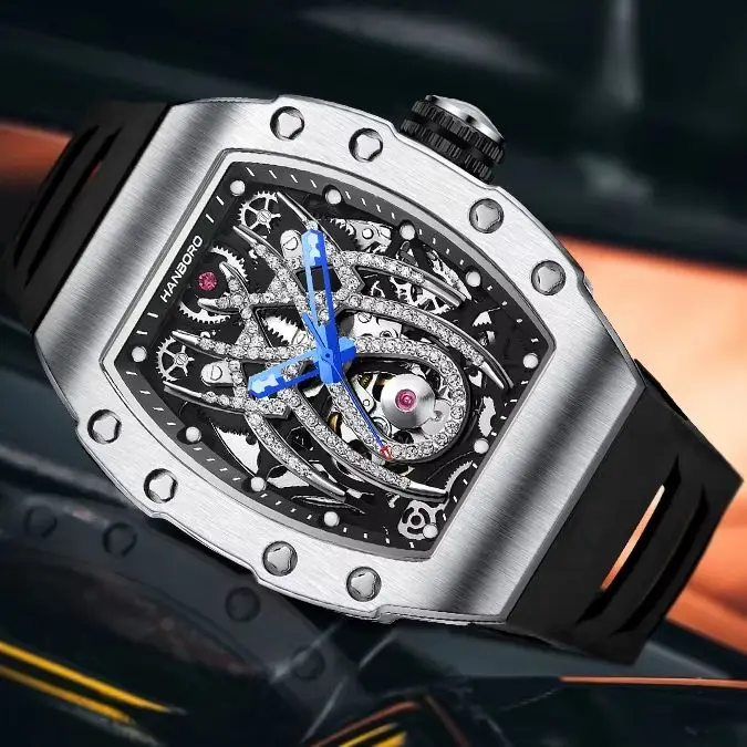 HANBORO Men Automatic Watch Tonneau Mechanical Wristwatch Luminous Skeleton Spider Dial 50M Waterproof Sapphire Miyota Mov