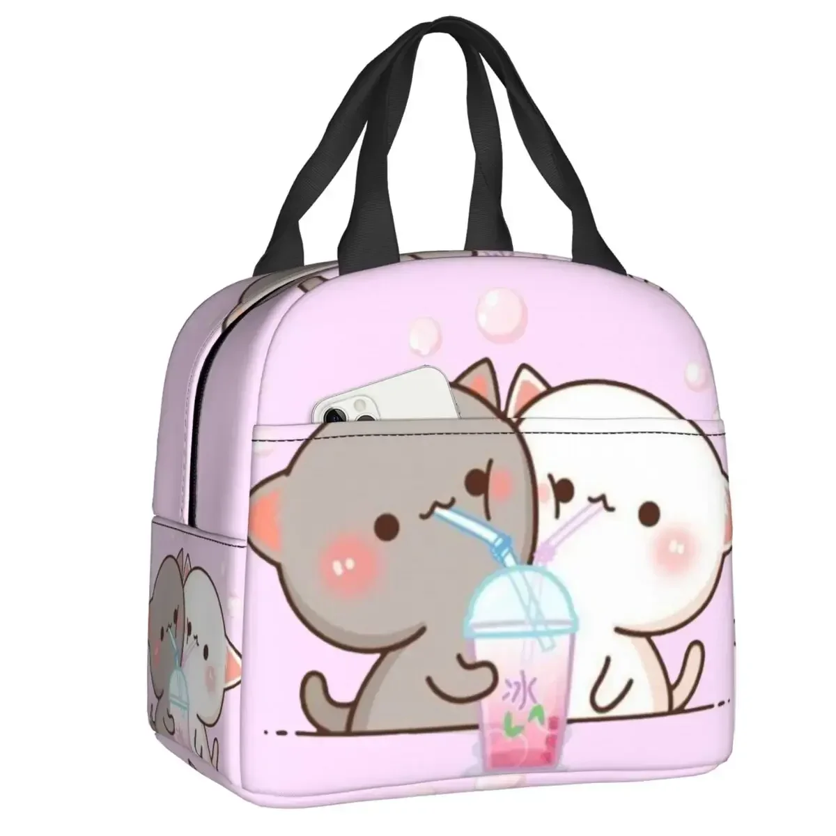 Peach and Goma Mochi Cat Eating Ramen Thermal Insulated Lunch Bags Women Resuable Lunch Container Outdoor Storage Food Bento Box