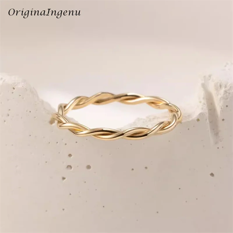 حلقة ملتوية مصنوعة يدويًا من الذهب عيار 14 قيراط للنساء ، مجوهرات بسيطة ، مقاومة للتشويه ، رائعة ، مقاس 3 ~ S #4