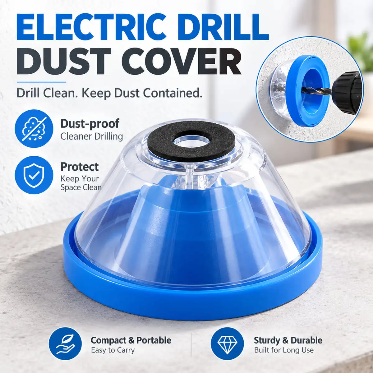 Handheld Drill Dust Cover Blue Dust-Free Drilling Shield Portable Wall Hole Dust Collector with Black Gasket Protection