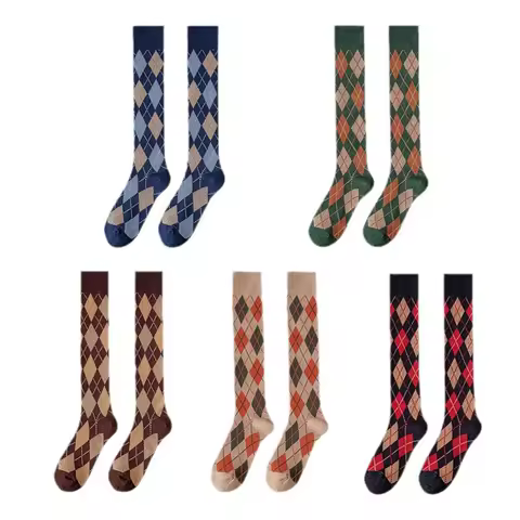 Retro Japanese&amp;Korean Rhombus Grid Half Leg Socks Autumn and Winter College Style Women Stocking Ins Trendy Daily Street Wearing