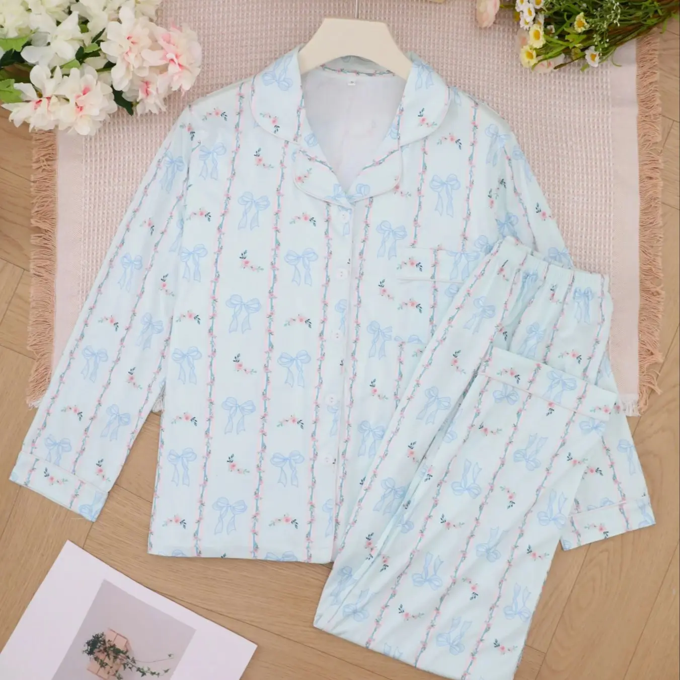 

Light blue bow element sleepwear women's lapel long sleeved pants casual and comfortable spring and autumn home set