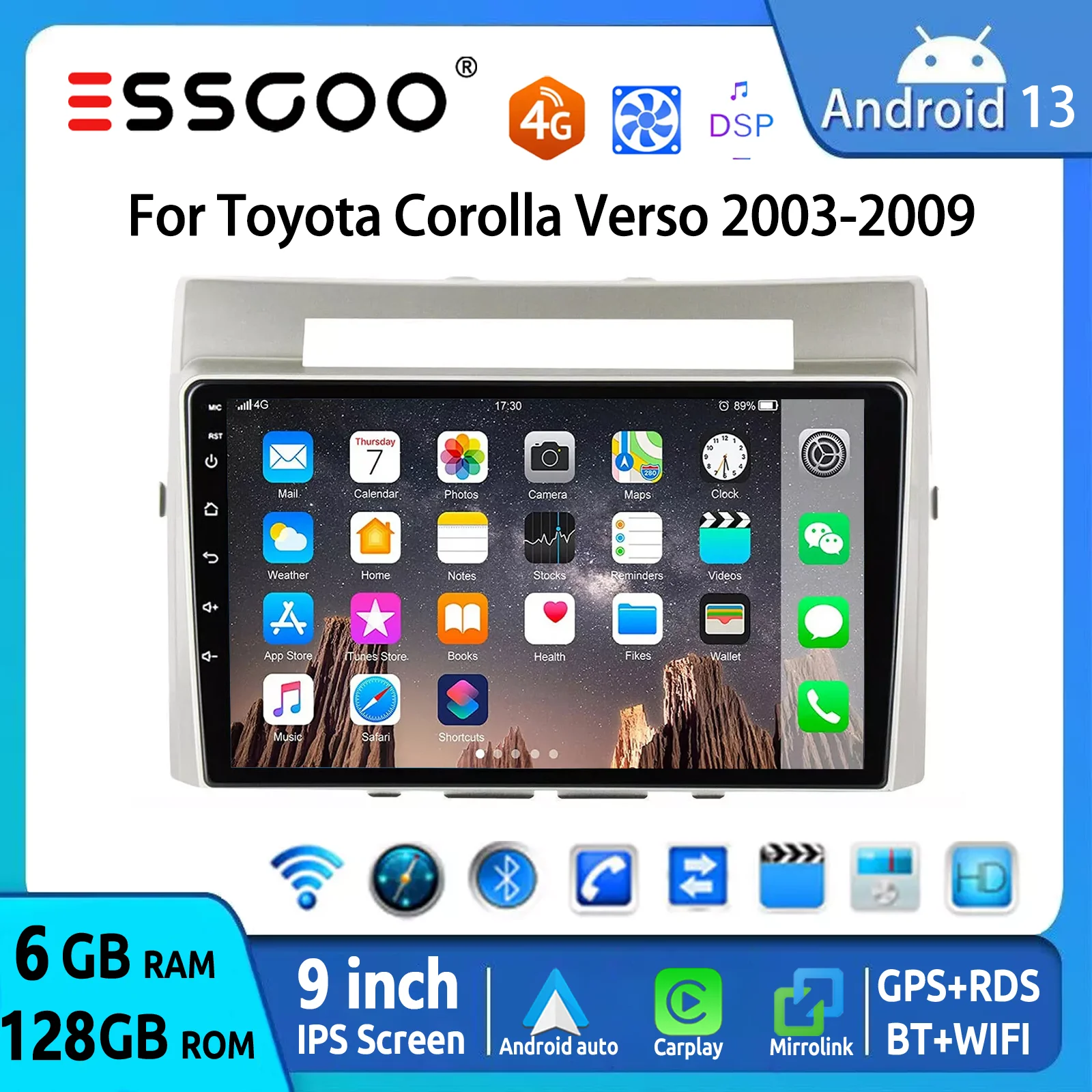 ESSGOO 6+128G 9" 8-Kern für Toyota Corolla Verso 2003-2009 Autoradio Multimedia-Player Wireless