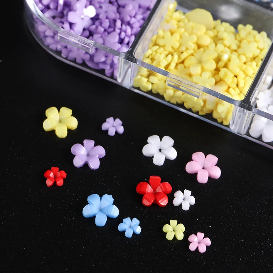 6 Grids Macaron 3D Resin Five-petal Flowers Nail Art Deaoration Mixed Small Nail Ball/Crystal/Flamer Accessories