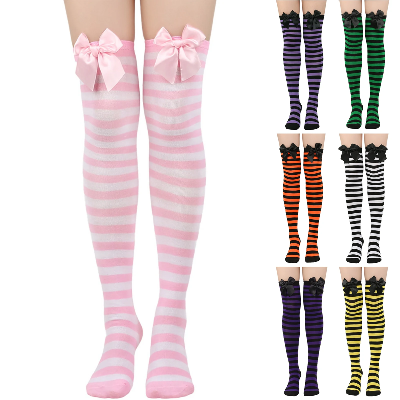 

Lolita Lace Up Long Knee Socks for Women Colored Striped Over Knee Thigh High Fashion Girls Warm Sexy Cotton JK Stockings