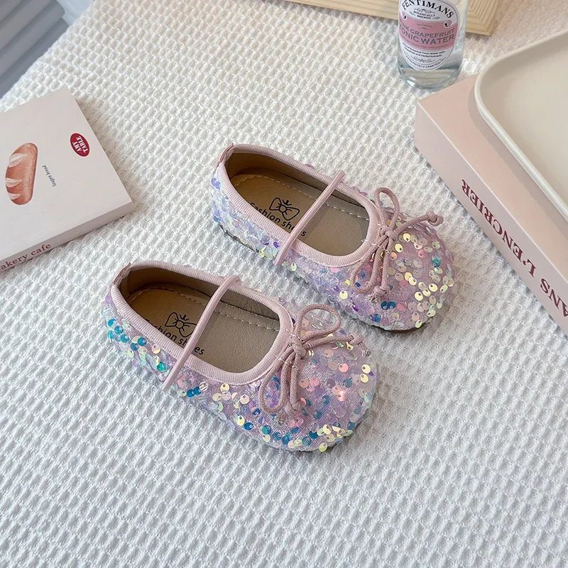 

Children's Leather Shoes Spring New Fashion Bow Soft Soled Girls' Princess Shoes Sequins Shallow Mouth Baby Casual Flat Shoes