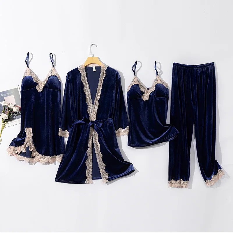 

Spring Velour Sleepwear Bathrobe Pajamas Set Women Lace Robes Gown Suit Kimono Bathrobe Autumn Sexy Kimono Nightgown Homewear