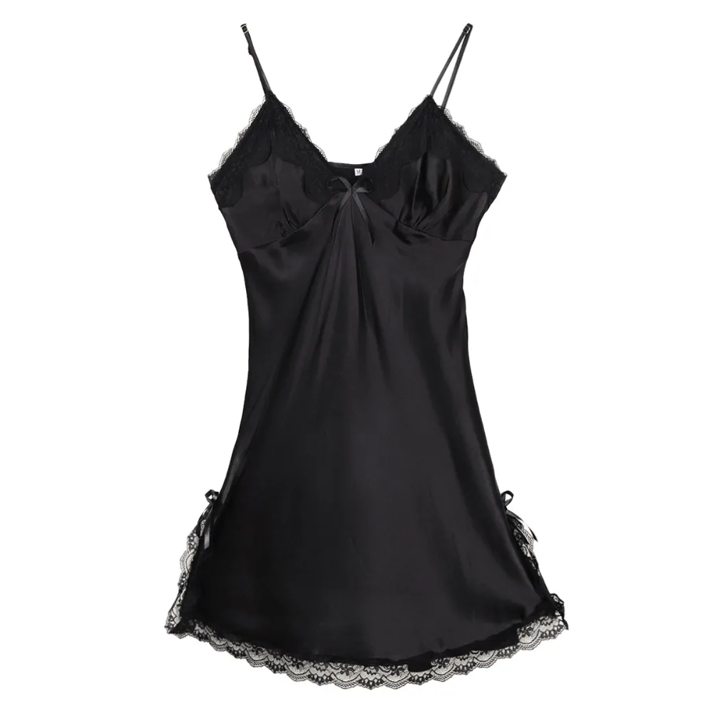 

Elegant Lace Bow Women's Pajama Dress Split Thin Ice Silk Suspender Nightdress Sleeveless Sleepwear Slim Sling Nightgown Club