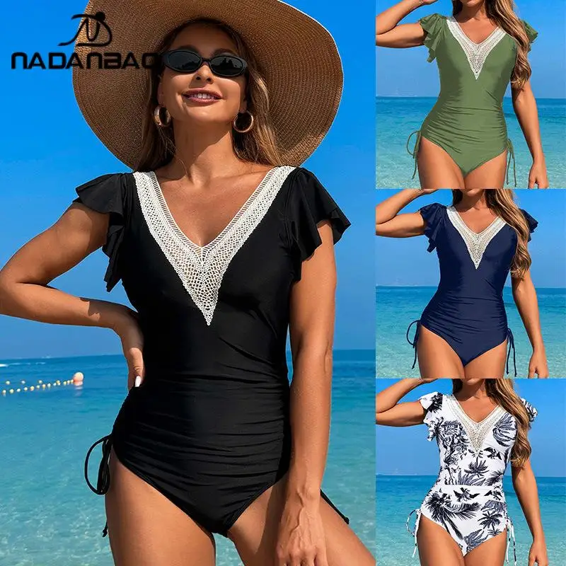 

Nadanbao женский цельный купальник с летающими рукавами, модный черный, зеленый, тонкий купальник, сексуальный эластичный женский купальник на шнурке, пляжная одежда